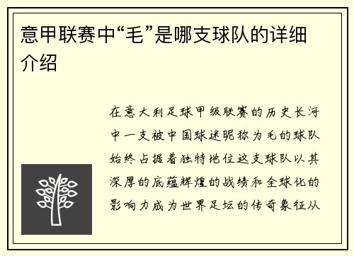 意甲联赛中“毛”是哪支球队的详细介绍