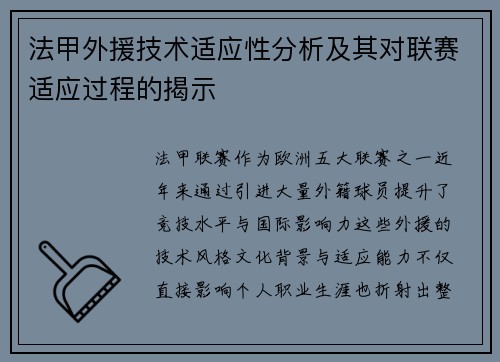 法甲外援技术适应性分析及其对联赛适应过程的揭示